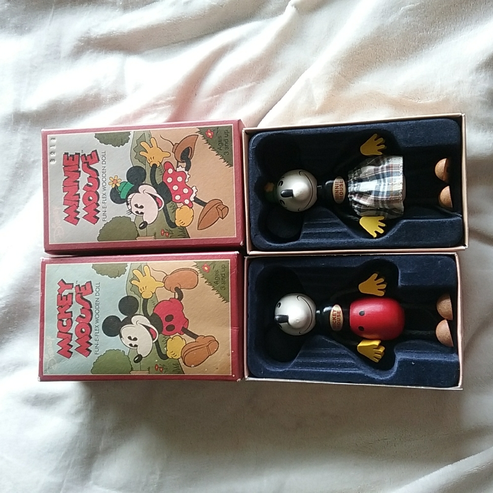 Vintage 90s Disney Mickey Mouse and Minnie Fun-E-Flex Wooden dolls 30s style